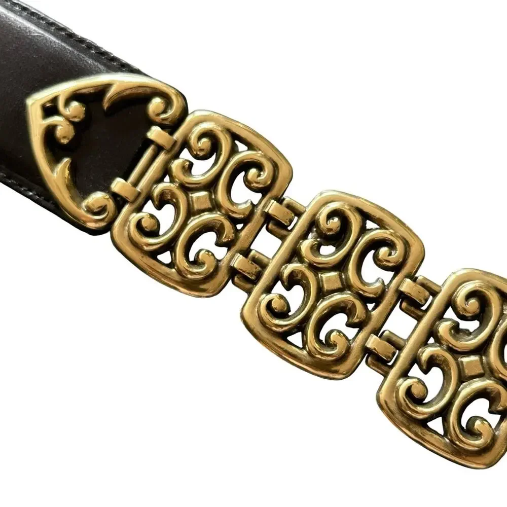 Brighton Black Leather Belt Antique Gold Open Scrollwork Panel Links Size MEDIUM